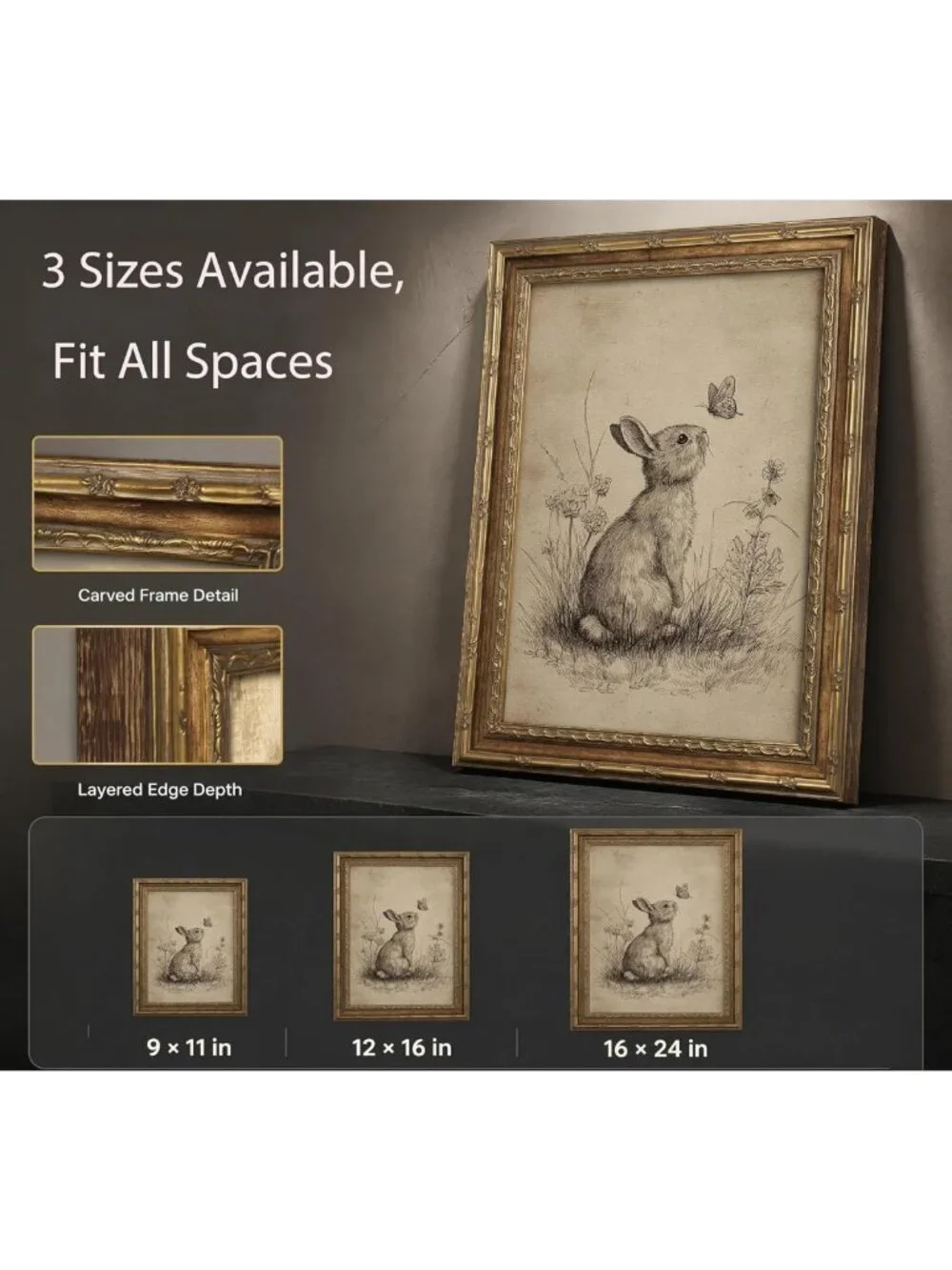 Vintage Gold Framed Bunny Wall Art | Easter Rabbit & Butterfly Canvas Print for